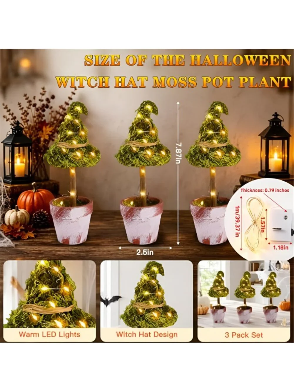 3 Pcs Halloween Witch Hat Topiary Plant Decor with LED Lights